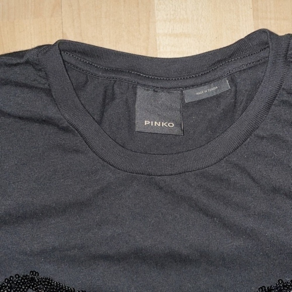 PINKO Sequined Eyes Logo Tee T-shirt in black w/ pink Italy pure 100% cotton XS - Picture 5 of 13